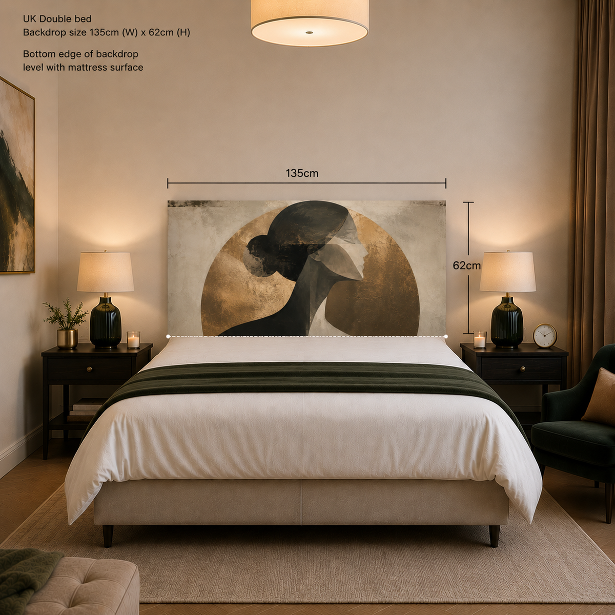 Gold Sun Woman backdrop in a bedroom